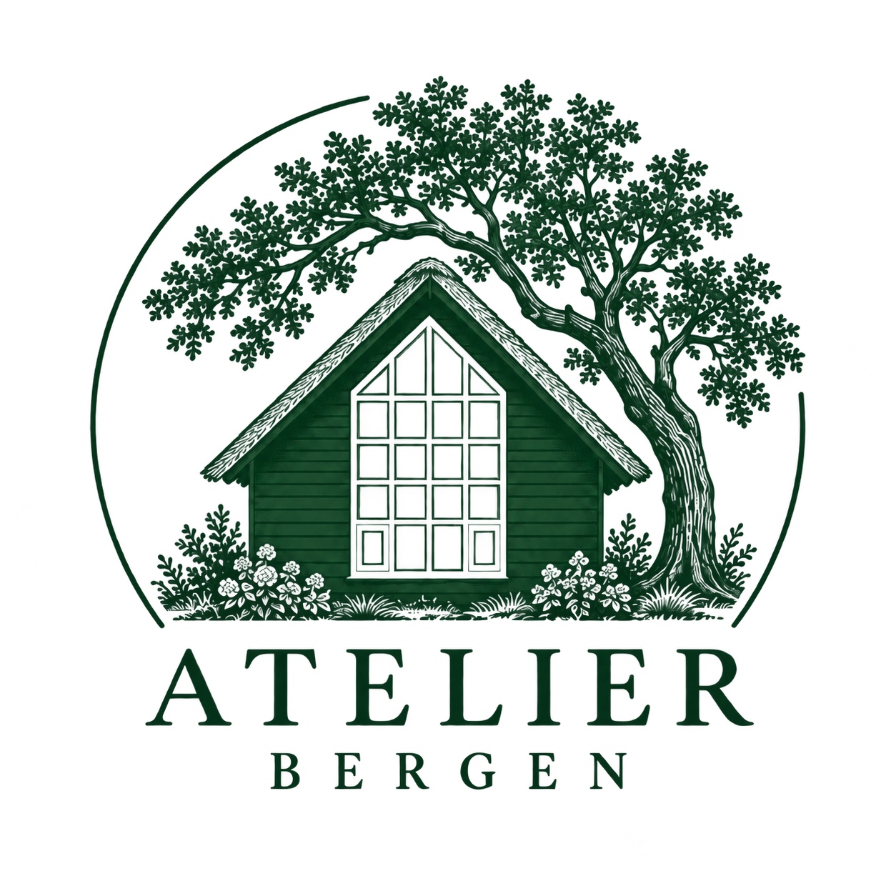 Atelier Bergen logo with the studio, oak tree and corrected studio window