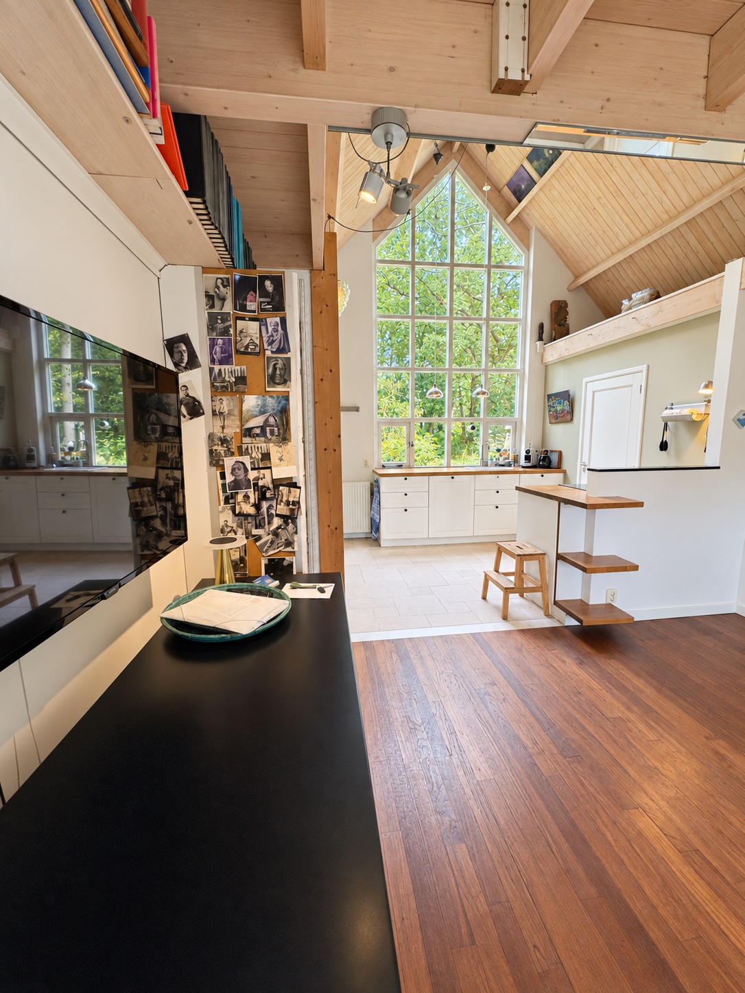 The mezzanine and tall studio window, seen from above